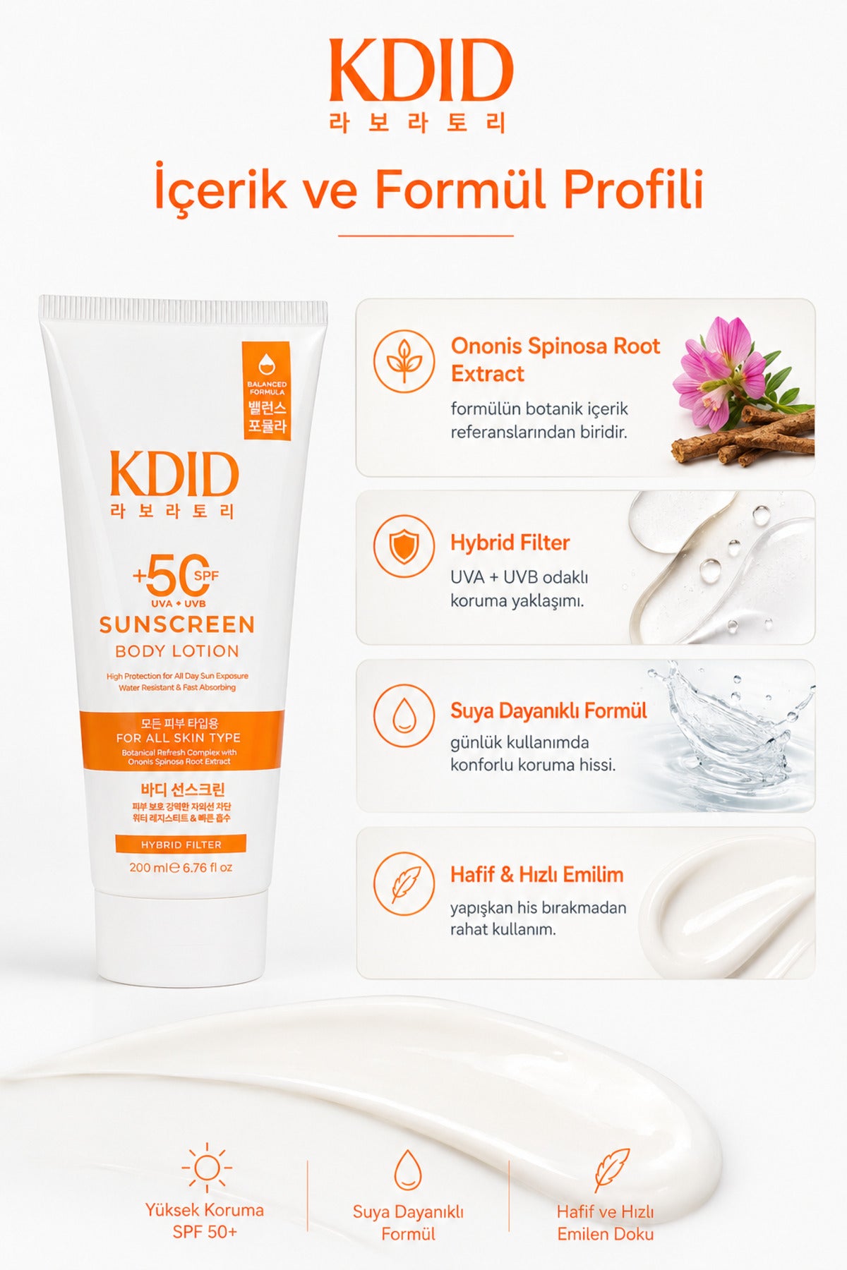 SPF 50+ UVA UVB Vücut Güneş Kremi 200 ml - KDID ürün görseli 3